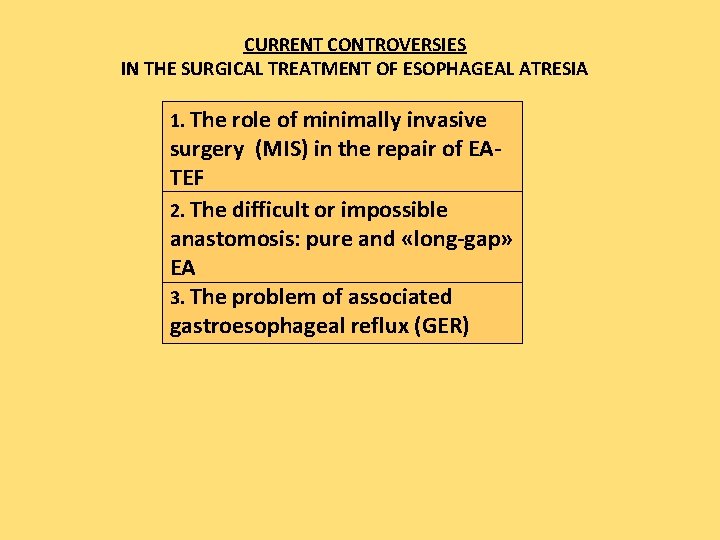 CURRENT CONTROVERSIES IN THE SURGICAL TREATMENT OF ESOPHAGEAL ATRESIA 1. The role of minimally