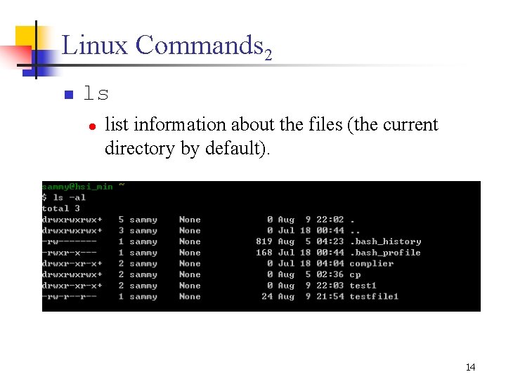 Linux Commands 2 n ls l list information about the files (the current directory Linux Commands 2 n ls l list information about the files (the current directory
