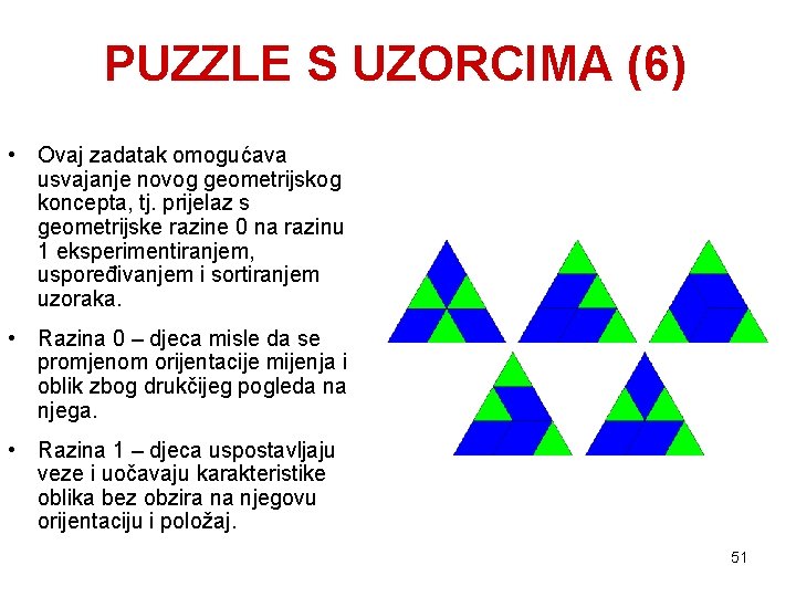 PUZZLE S UZORCIMA (6) • Ovaj zadatak omogućava usvajanje novog geometrijskog koncepta, tj. prijelaz