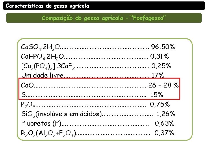 Características do gesso agrícola Composição do gesso agrícola – “Fosfogesso” Ca. SO 4. 2