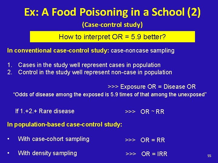 Ex: A Food Poisoning in a School (2) (Case-control study) How to interpret OR