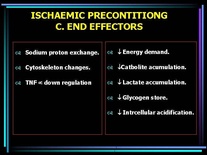 ISCHAEMIC PRECONTITIONG C. END EFFECTORS Sodium proton exchange. Energy demand. Cytoskeleton changes. Catbolite acumulation.