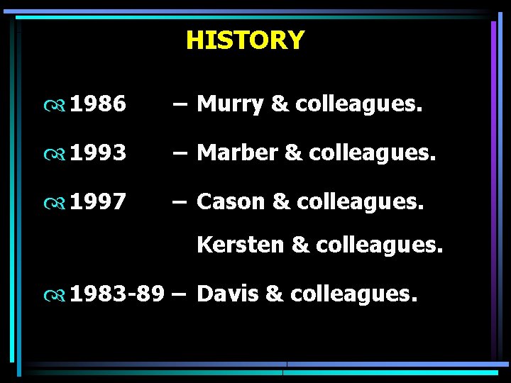 HISTORY 1986 – Murry & colleagues. 1993 – Marber & colleagues. 1997 – Cason