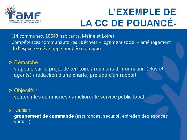 L’EXEMPLE DE LA CC DE POUANCÉ(14 communes, 10649 habitants, Maine et Loire) COMBRÉE Compétences L’EXEMPLE DE LA CC DE POUANCÉ(14 communes, 10649 habitants, Maine et Loire) COMBRÉE Compétences