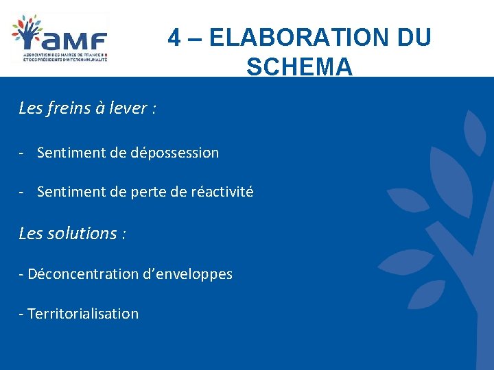4 – ELABORATION DU SCHEMA Les freins à lever : - Sentiment de dépossession 4 – ELABORATION DU SCHEMA Les freins à lever : - Sentiment de dépossession