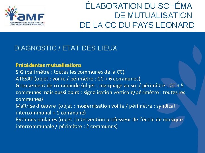 ÉLABORATION DU SCHÉMA DE MUTUALISATION DE LA CC DU PAYS LEONARD DIAGNOSTIC / ETAT ÉLABORATION DU SCHÉMA DE MUTUALISATION DE LA CC DU PAYS LEONARD DIAGNOSTIC / ETAT