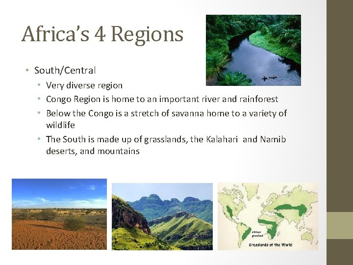 Africa’s 4 Regions • South/Central • Very diverse region • Congo Region is home