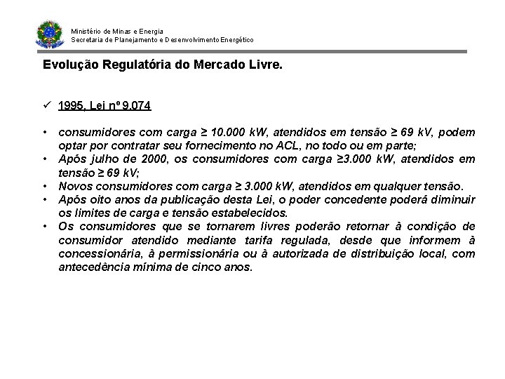 Ministério de Minas e Energia Secretaria de Planejamento e Desenvolvimento Energético Evolução Regulatória do