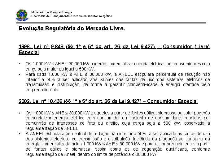 Ministério de Minas e Energia Secretaria de Planejamento e Desenvolvimento Energético Evolução Regulatória do