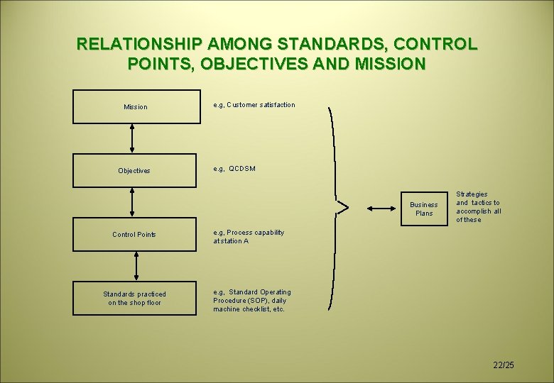 RELATIONSHIP AMONG STANDARDS, CONTROL POINTS, OBJECTIVES AND MISSION Mission Objectives e. g, Customer satisfaction