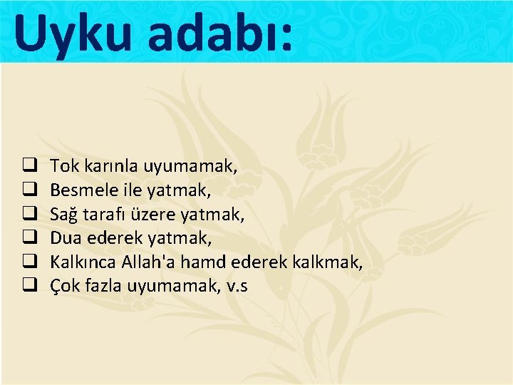 Uyku adabı: q q q Tok karınla uyumamak, Besmele ile yatmak, Sağ tarafı üzere