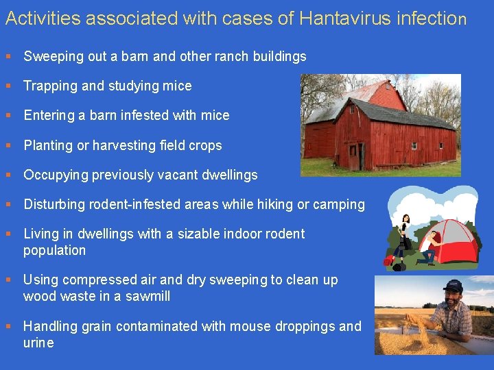 Activities associated with cases of Hantavirus infection § Sweeping out a barn and other