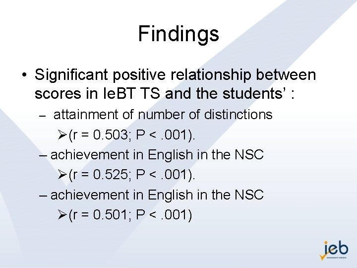 Findings • Significant positive relationship between scores in Ie. BT TS and the students’