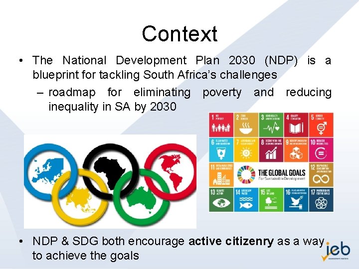 Context • The National Development Plan 2030 (NDP) is a blueprint for tackling South