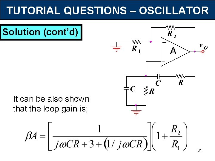 TUTORIAL QUESTIONS – OSCILLATOR Solution (cont’d) It can be also shown that the loop