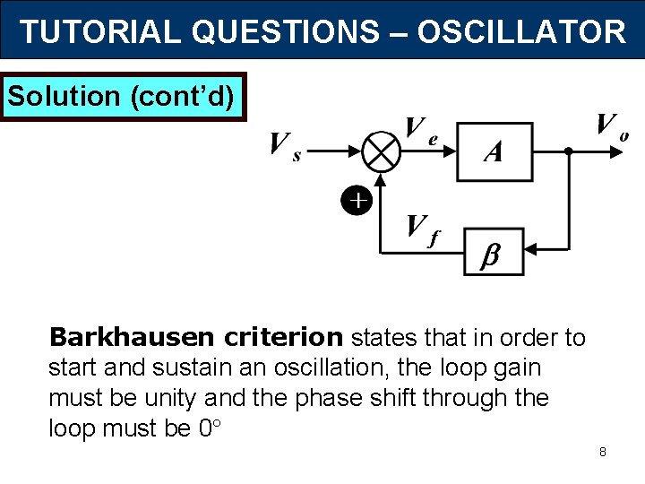 TUTORIAL QUESTIONS – OSCILLATOR Solution (cont’d) Barkhausen criterion states that in order to start