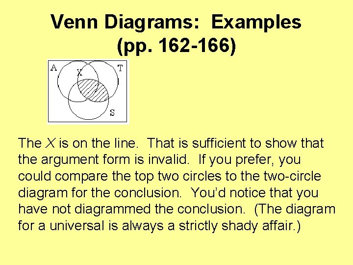 Venn Diagrams: Examples (pp. 162 -166) The X is on the line. That is