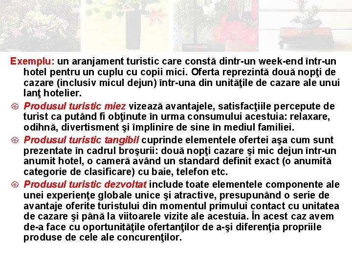 Exemplu: un aranjament turistic care constă dintr-un week-end într-un hotel pentru un cuplu cu