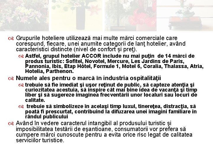  Grupurile hoteliere utilizează mai multe mărci comerciale care corespund, fiecare, unei anumite categorii