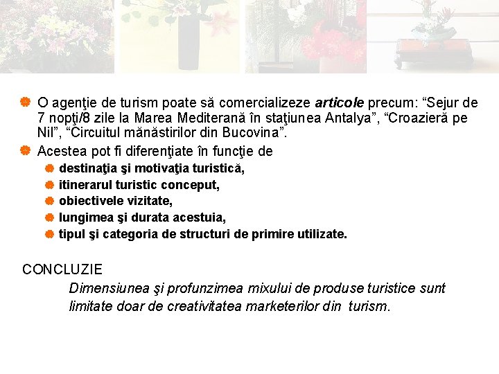 | O agenţie de turism poate să comercializeze articole precum: “Sejur de 7 nopţi/8