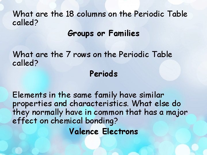 What are the 18 columns on the Periodic Table called? Groups or Families What
