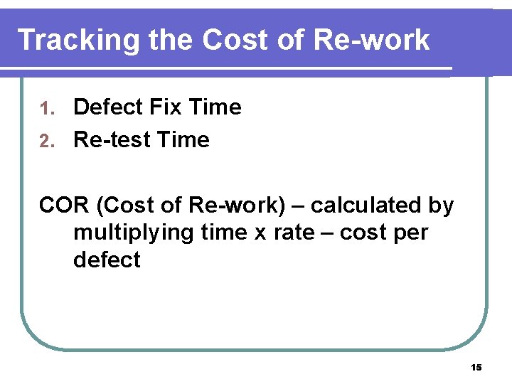 Tracking the Cost of Re-work Defect Fix Time 2. Re-test Time 1. COR (Cost