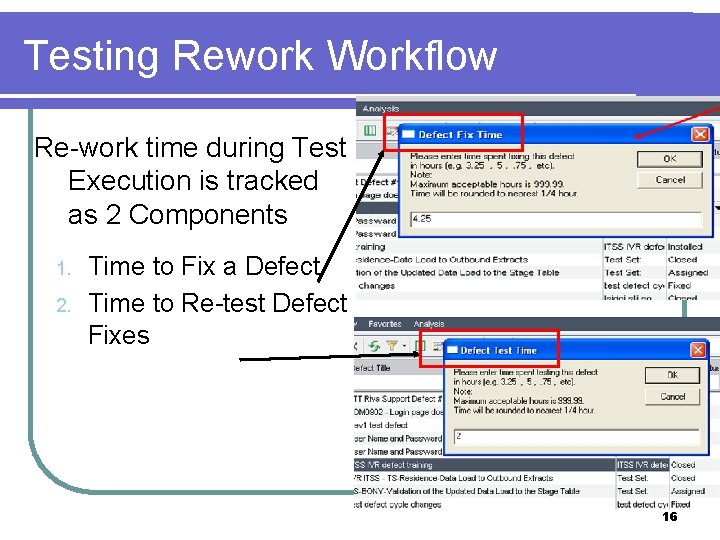 Testing Rework Workflow Re-work time during Test Execution is tracked as 2 Components 1.