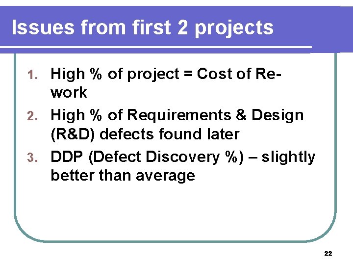 Issues from first 2 projects High % of project = Cost of Rework 2.