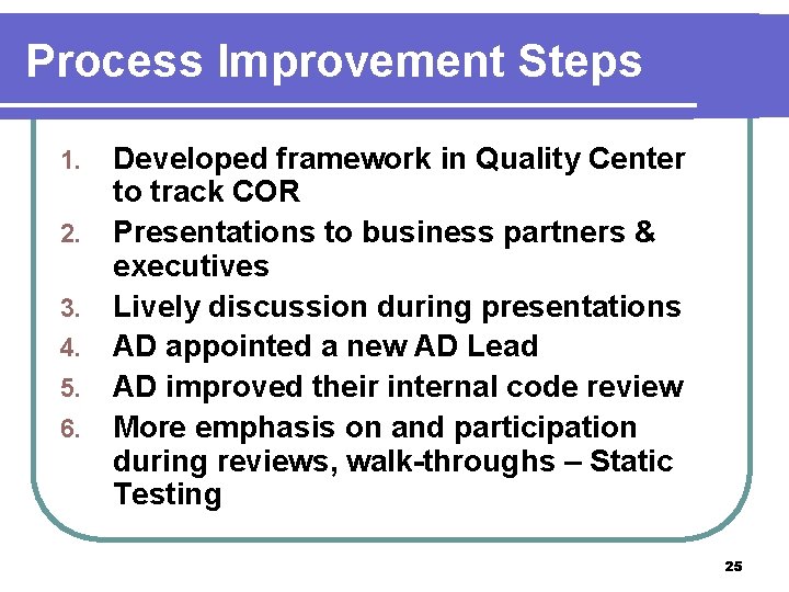 Process Improvement Steps 1. 2. 3. 4. 5. 6. Developed framework in Quality Center