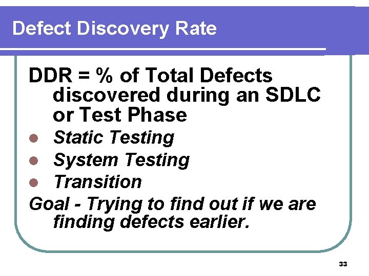 Defect Discovery Rate DDR = % of Total Defects discovered during an SDLC or