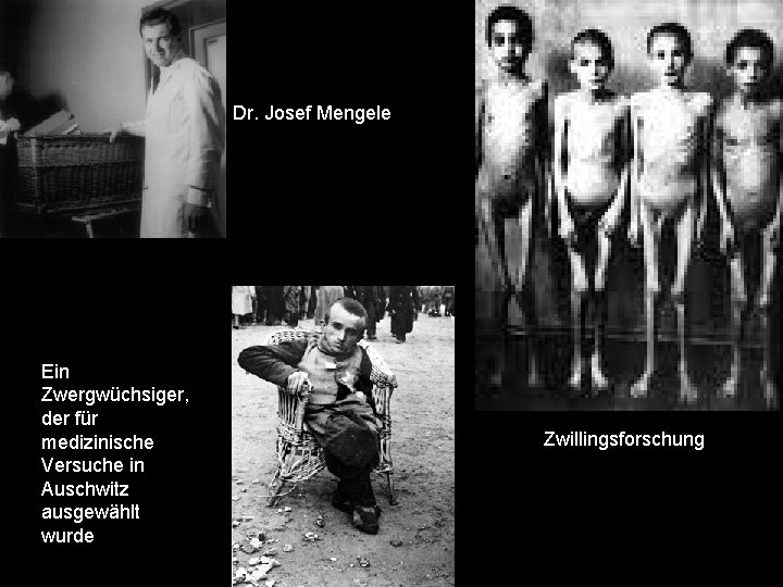 Dr. Josef Mengele Ein Zwergwüchsiger, der für medizinische Versuche in Auschwitz ausgewählt wurde Zwillingsforschung