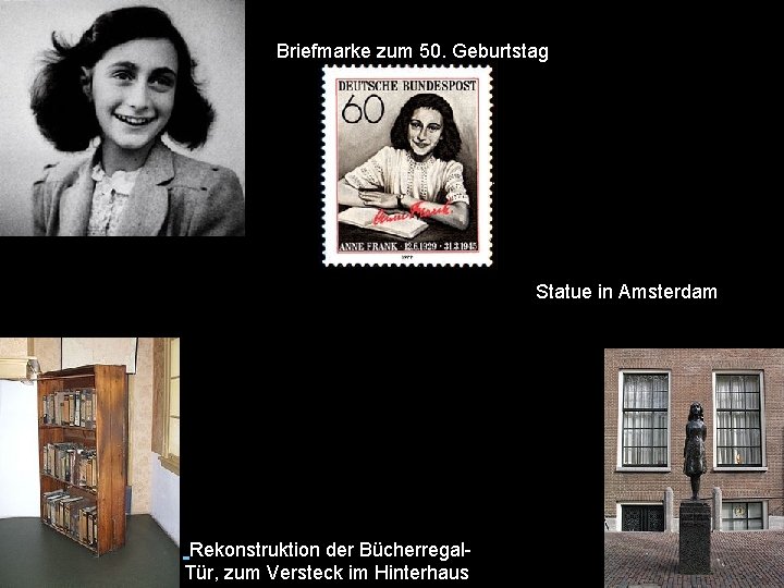 Briefmarke zum 50. Geburtstag Statue in Amsterdam Rekonstruktion der Bücherregal. Tür, zum Versteck im