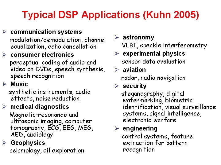 Typical DSP Applications (Kuhn 2005) Ø communication systems modulation/demodulation, channel equalization, echo cancellation Ø