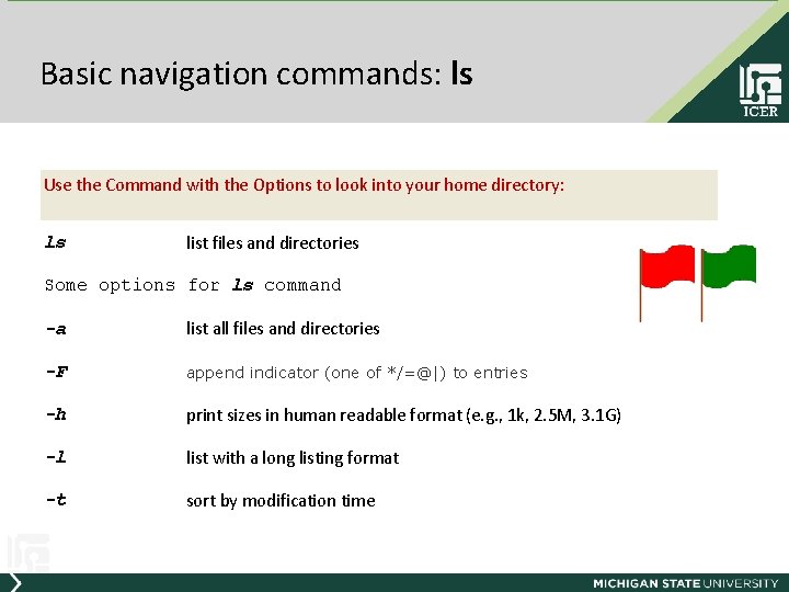 Basic navigation commands: ls Use the Command with the Options to look into your
