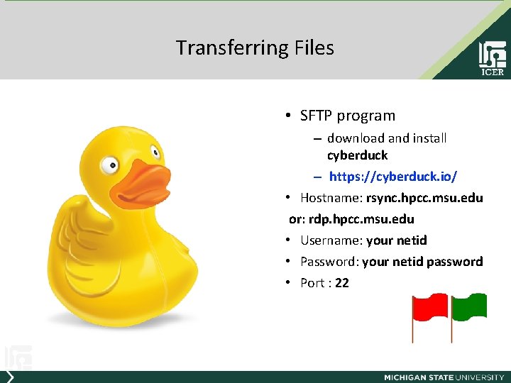 Transferring Files • SFTP program – download and install cyberduck – https: //cyberduck. io/