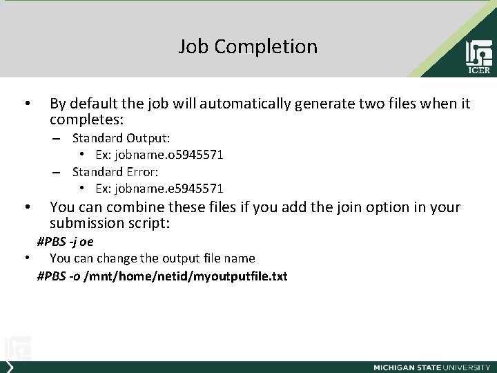 Job Completion • By default the job will automatically generate two files when it