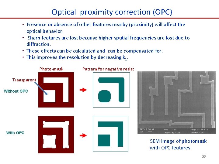 Optical proximity correction (OPC) • Presence or absence of other features nearby (proximity) will