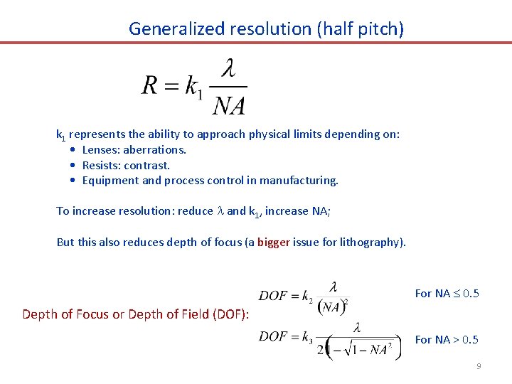 Generalized resolution (half pitch) k 1 represents the ability to approach physical limits depending