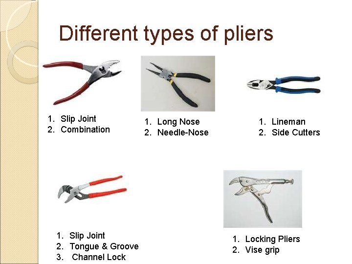 Different types of pliers 1. Slip Joint 2. Combination 1. Slip Joint 2. Tongue