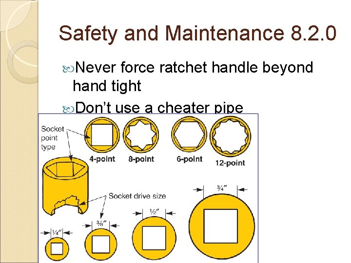 Safety and Maintenance 8. 2. 0 Never force ratchet handle beyond hand tight Don’t