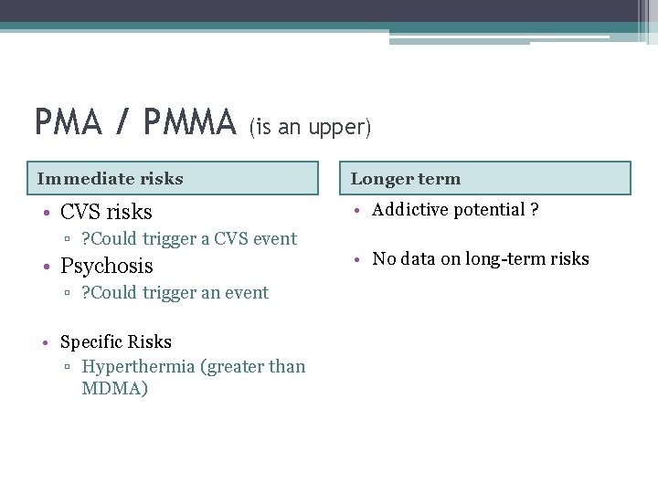 PMA / PMMA (is an upper) Immediate risks Longer term • CVS risks •