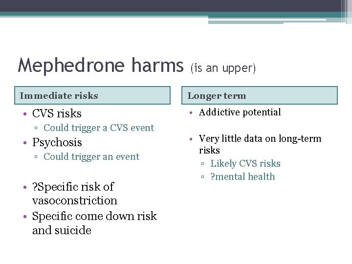 Mephedrone harms (is an upper) Immediate risks Longer term • CVS risks • Addictive