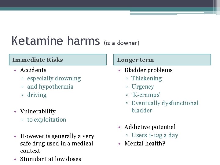 Ketamine harms (is a downer) Immediate Risks Longer term • Accidents ▫ especially drowning