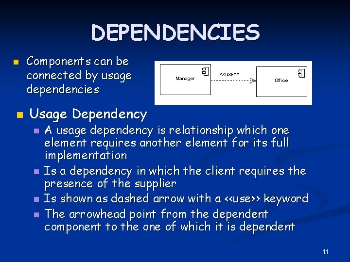 DEPENDENCIES n n Components can be connected by usage dependencies Usage Dependency n n