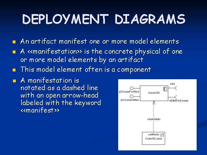 DEPLOYMENT DIAGRAMS n n An artifact manifest one or more model elements A <<manifestation>>