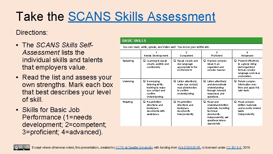Take the SCANS Skills Assessment Directions: • The SCANS Skills Self. Assessment lists the