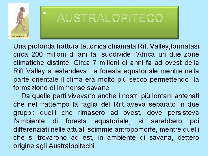 • Una profonda frattura tettonica chiamata Rift Valley, formatasi circa 200 milioni di • Una profonda frattura tettonica chiamata Rift Valley, formatasi circa 200 milioni di