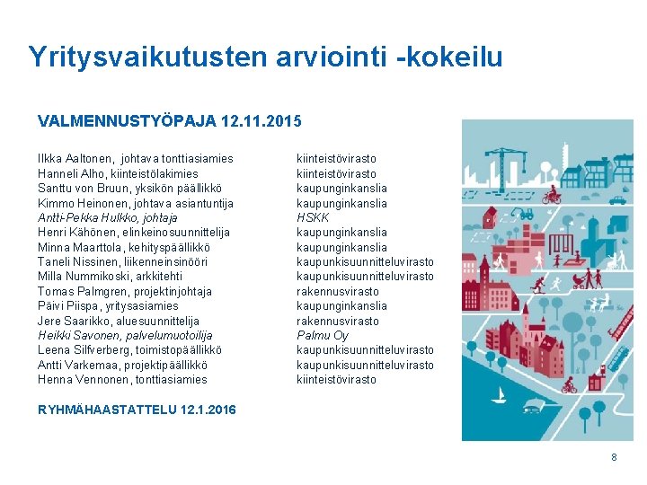Yritysvaikutusten arviointi -kokeilu VALMENNUSTYÖPAJA 12. 11. 2015 Ilkka Aaltonen, johtava tonttiasiamies Hanneli Alho, kiinteistölakimies