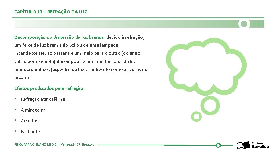 CAPÍTULO 10 – REFRAÇÃO DA LUZ Decomposição ou dispersão da luz branca: devido à