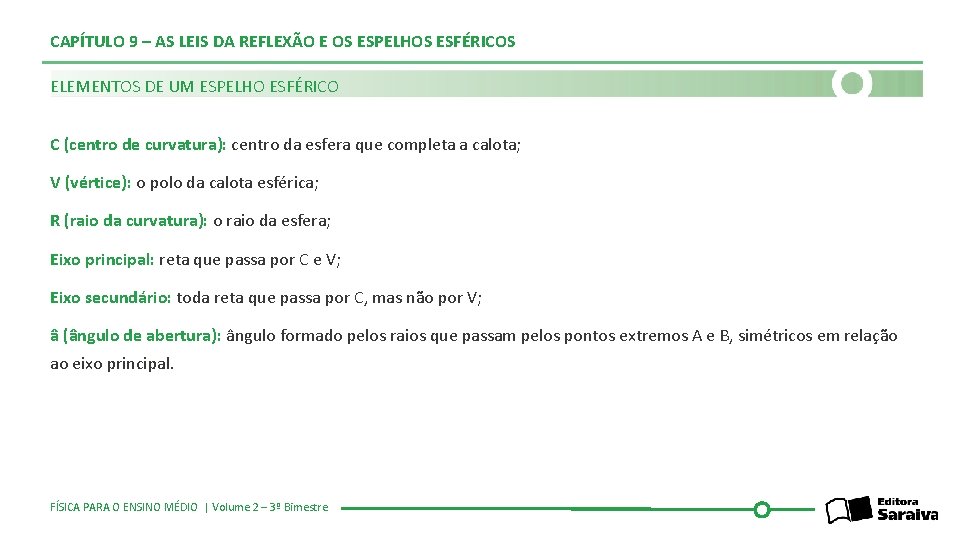 CAPÍTULO 9 – AS LEIS DA REFLEXÃO E OS ESPELHOS ESFÉRICOS ELEMENTOS DE UM